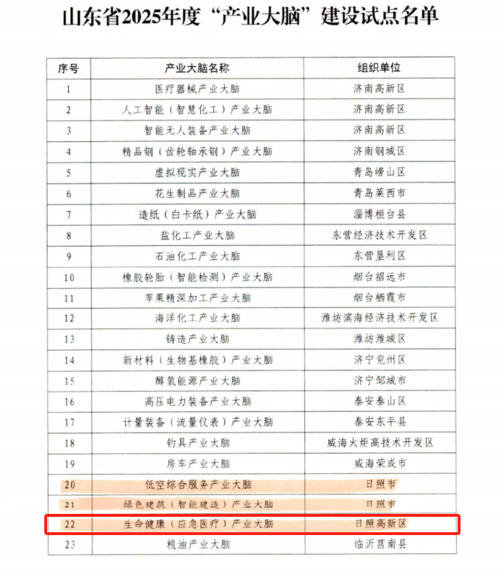 日照高新区生命健康（应急医疗）产业大脑入选省级建设试点