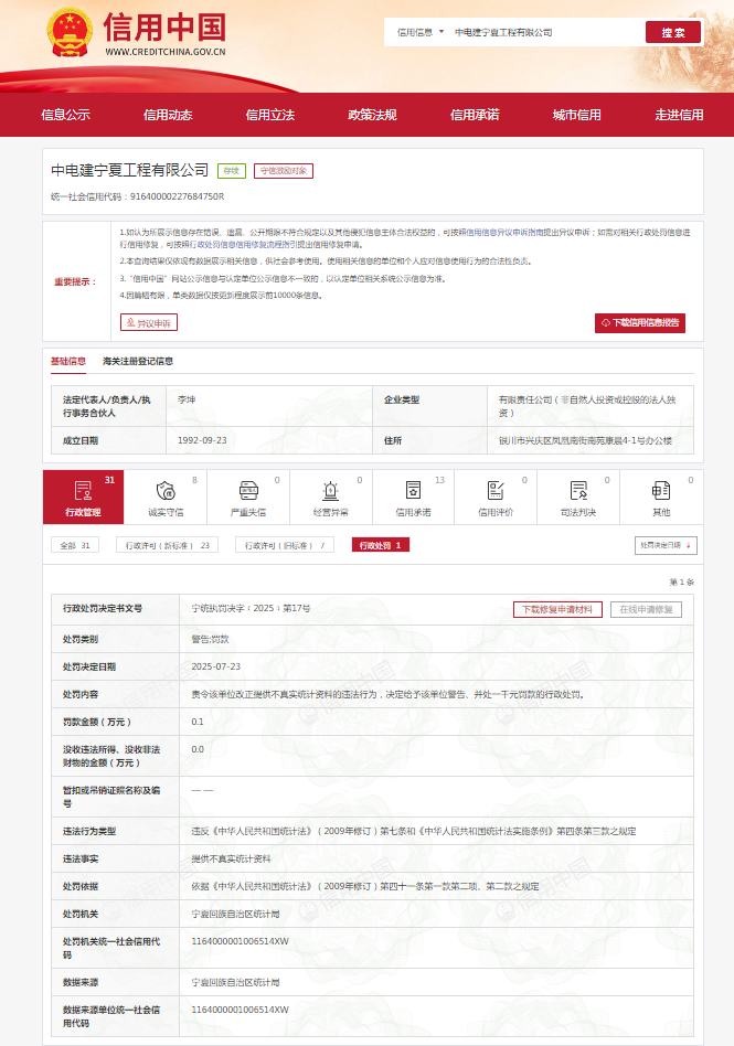提供不真实统计资料，中电建宁夏工程有限公司被罚