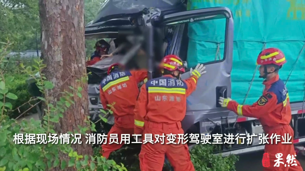 果然视频|货车失控撞树，消防员紧急救援
