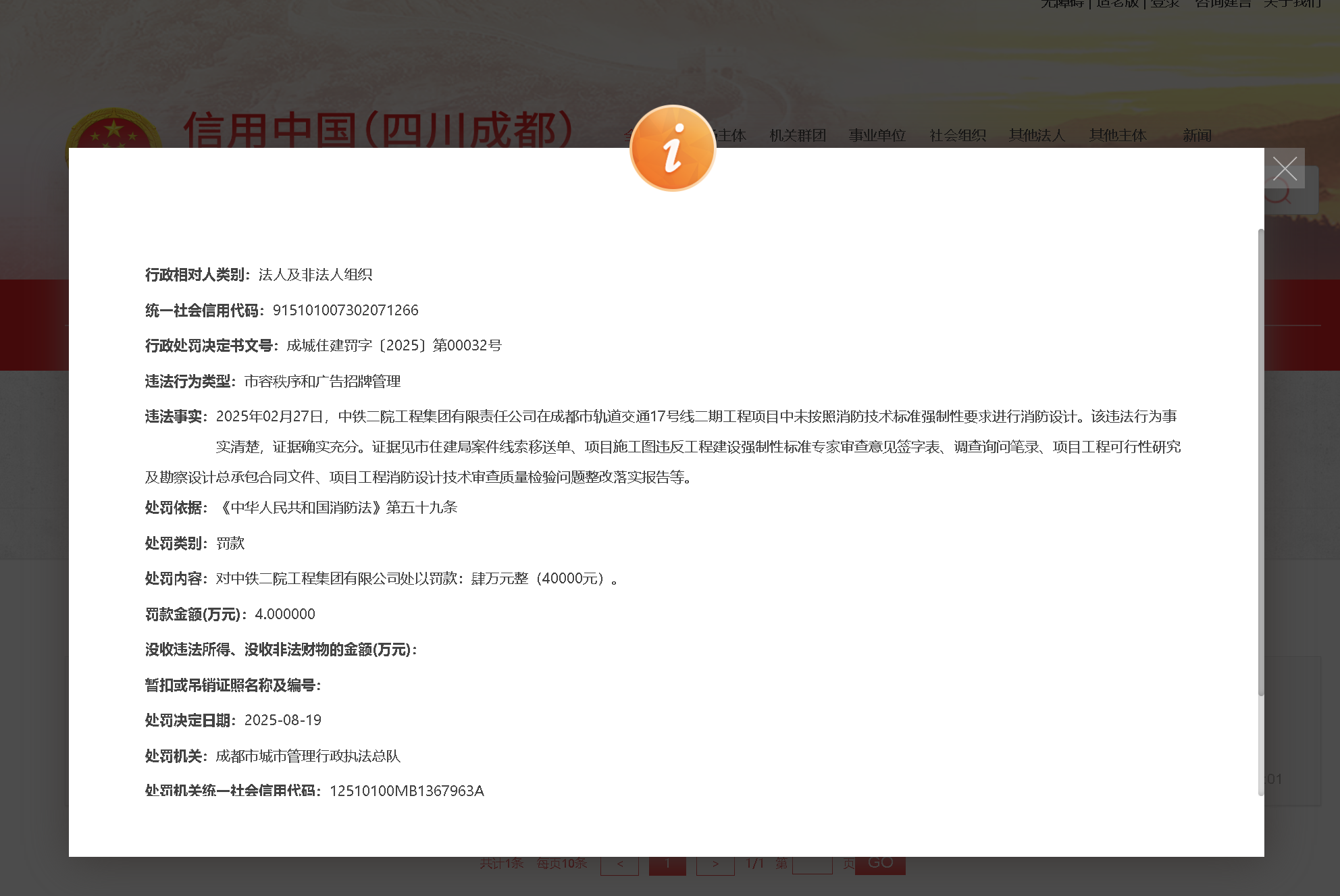 违反市容秩序和广告招牌管理，中铁二院工程集团被罚