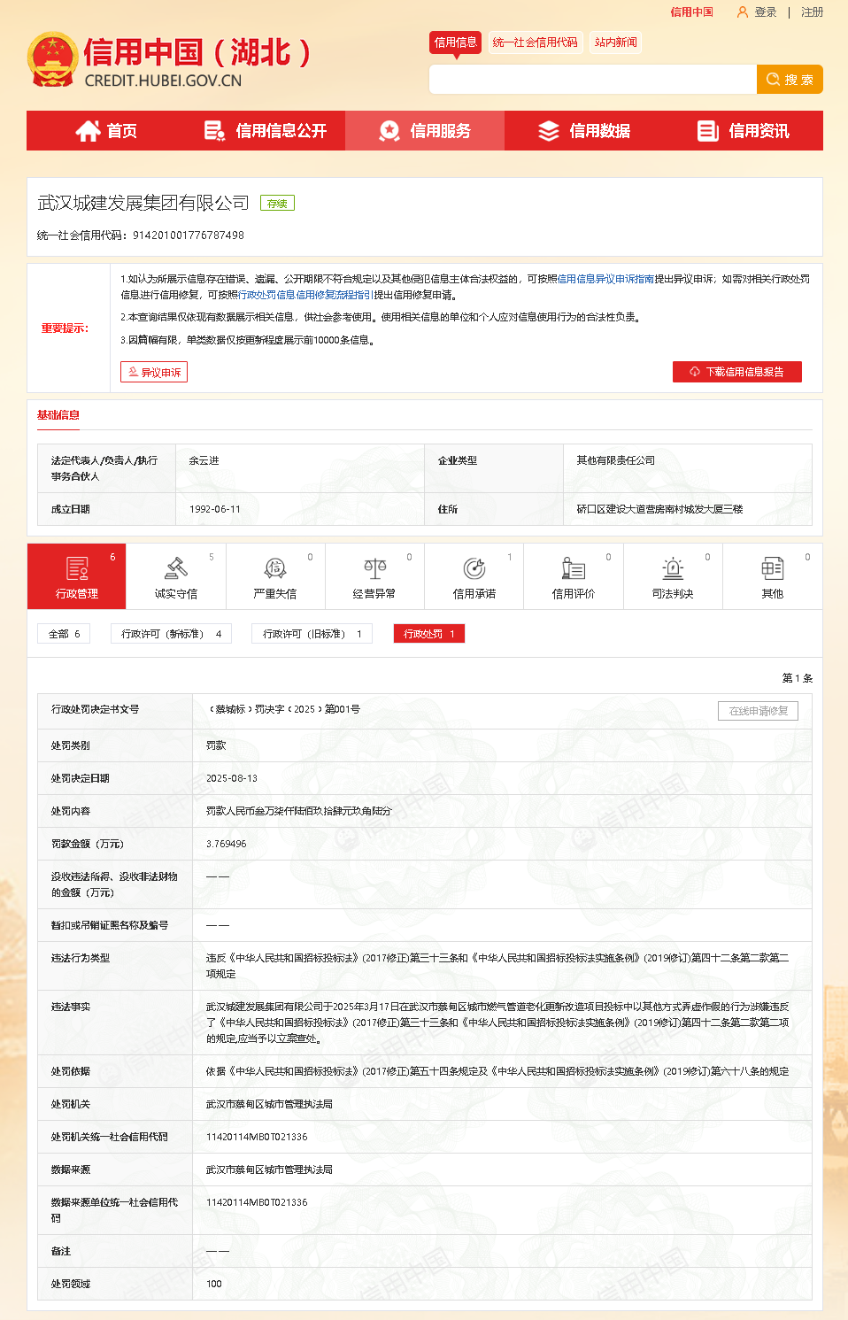 武汉城建发展集团因投标违规被罚