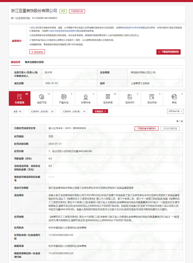 亚厦股份因劳动用工管理违规被行政处罚