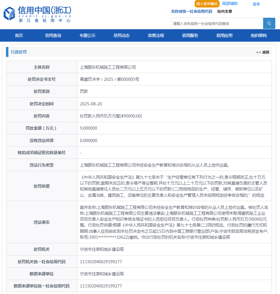上海颐东机械施工工程有限公司违规被罚9万元