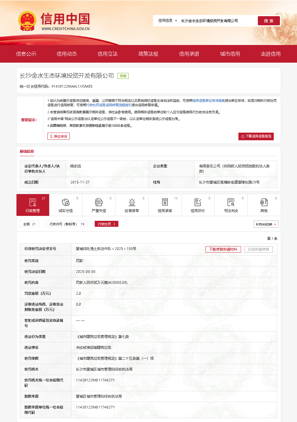 未经核准运输建筑垃圾！长沙金水生态环境投资开发有限公司被罚