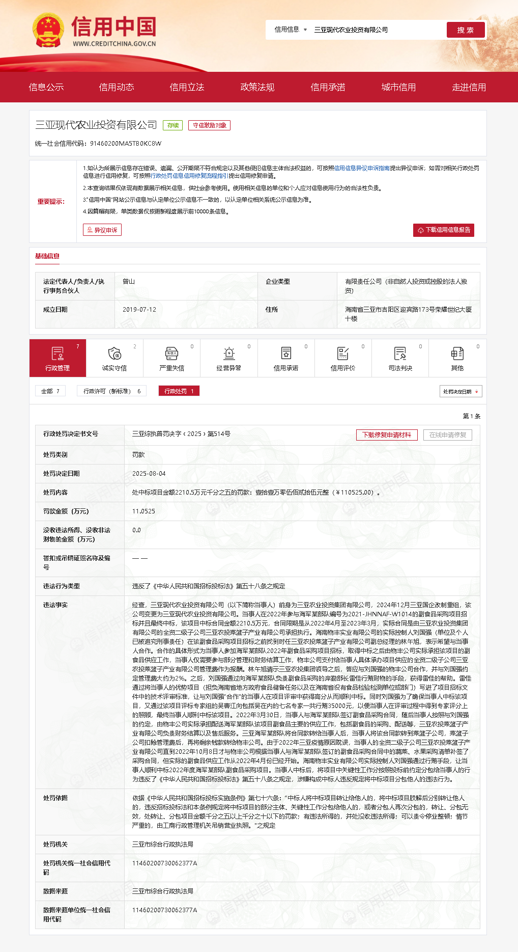 涉招投标违规，三亚现代农业投资有限公司被罚