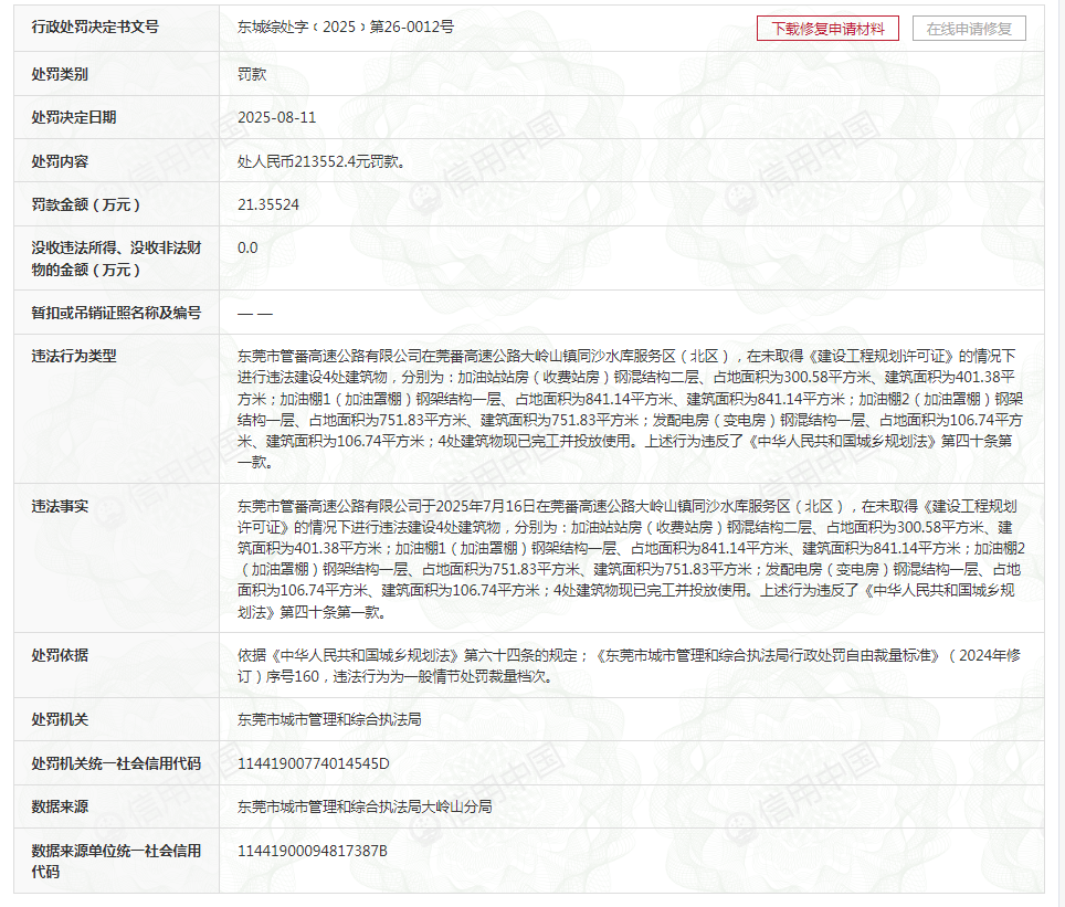 屡教不改，多次被罚，东莞市莞番高速公路有限公司因违法建设被罚