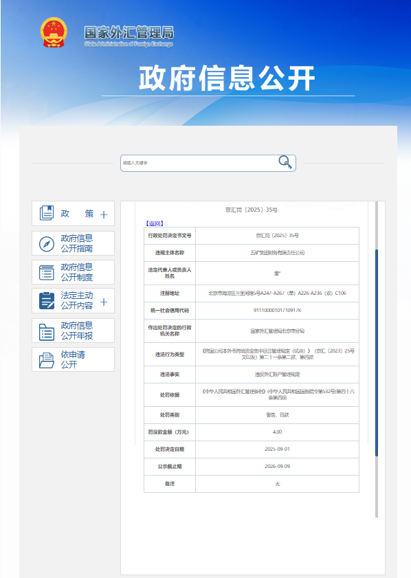 五矿集团财务有限责任公司因违反外汇账户管理规定被罚4万元