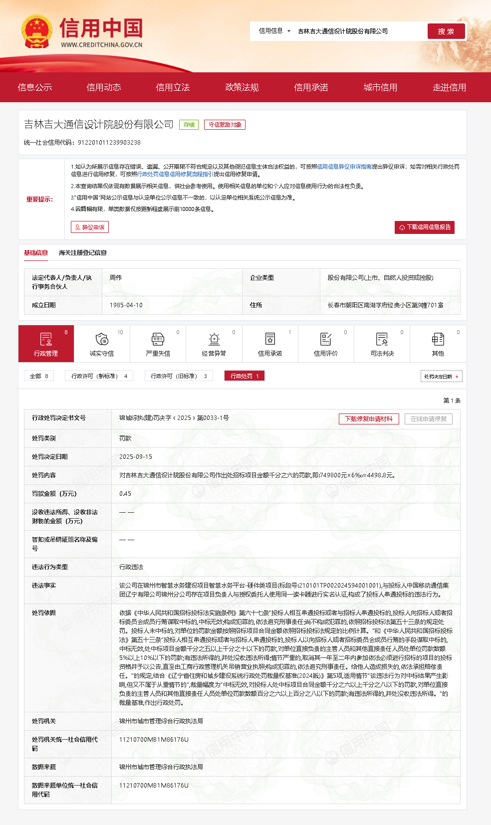串通投标！吉大通信被行政处罚