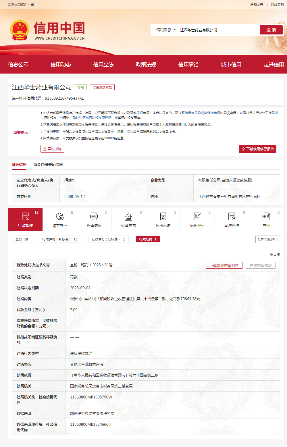 江西华士药业有限公司因税务违法被处罚款7.09万元