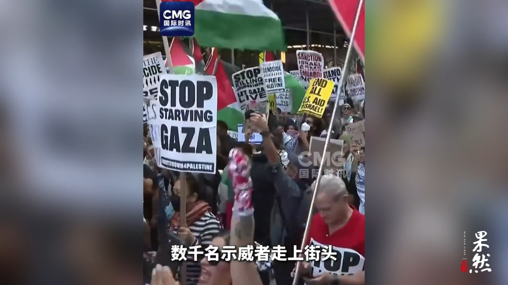 果然视频·看天下|联大会场外，纽约民众抗议美国纵容以色列