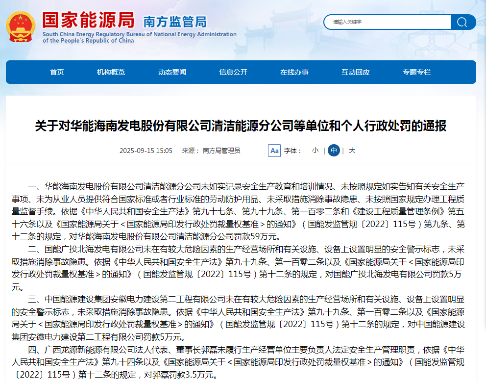 华能海南发电股份有限公司清洁能源分公司等多家单位和个人被处罚