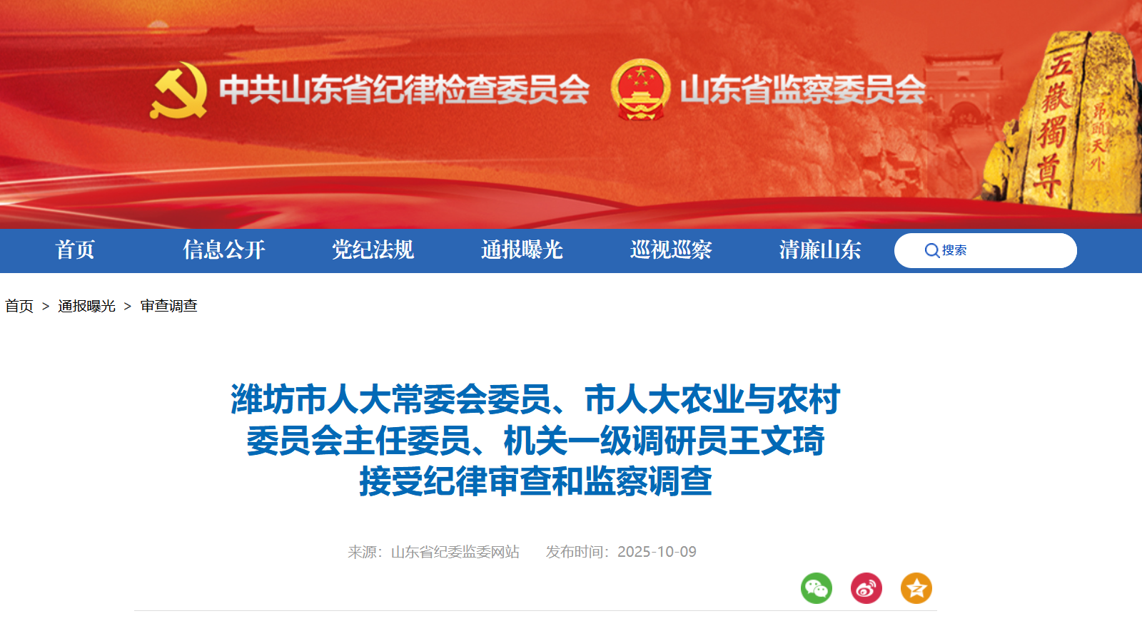 潍坊市人大常委会委员王文琦接受审查调查