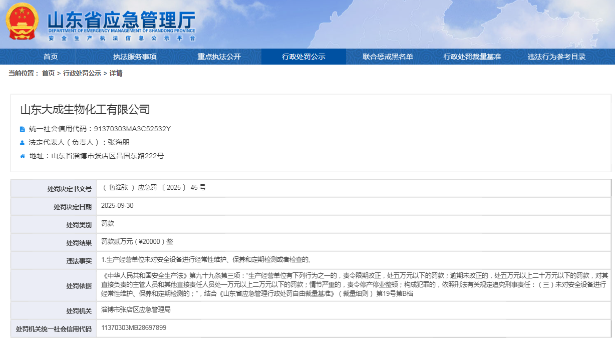 山东大成生物领罚：未对安全设备进行经常性维保和定期检测或检查