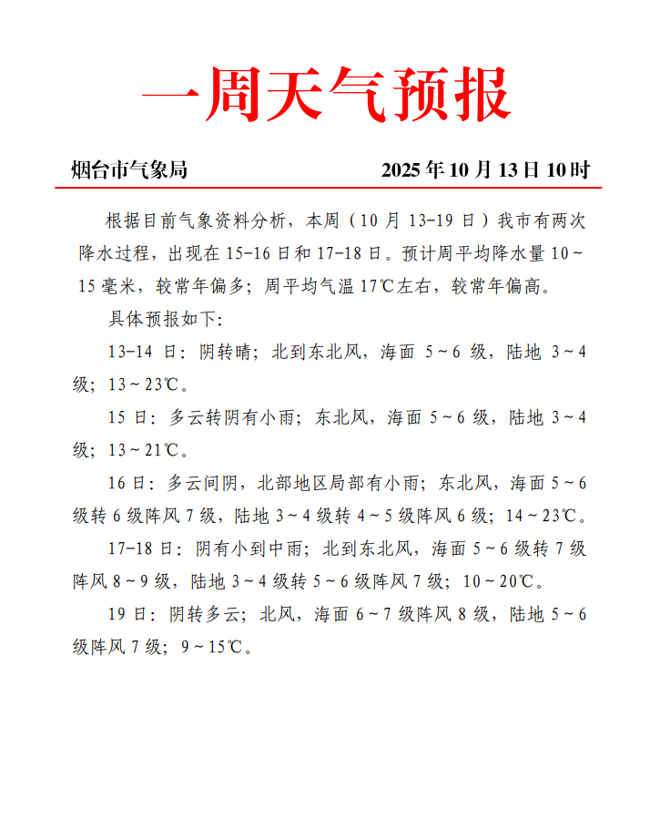 13日至19日可能有两次降水过程！烟台发布最新一周天气预报