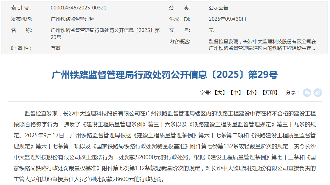 中大监理因这项违法行为被罚