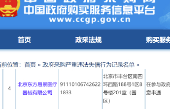 北京东方易景医疗器械涉政府采购恶意串通被罚8.4万禁入两年​
