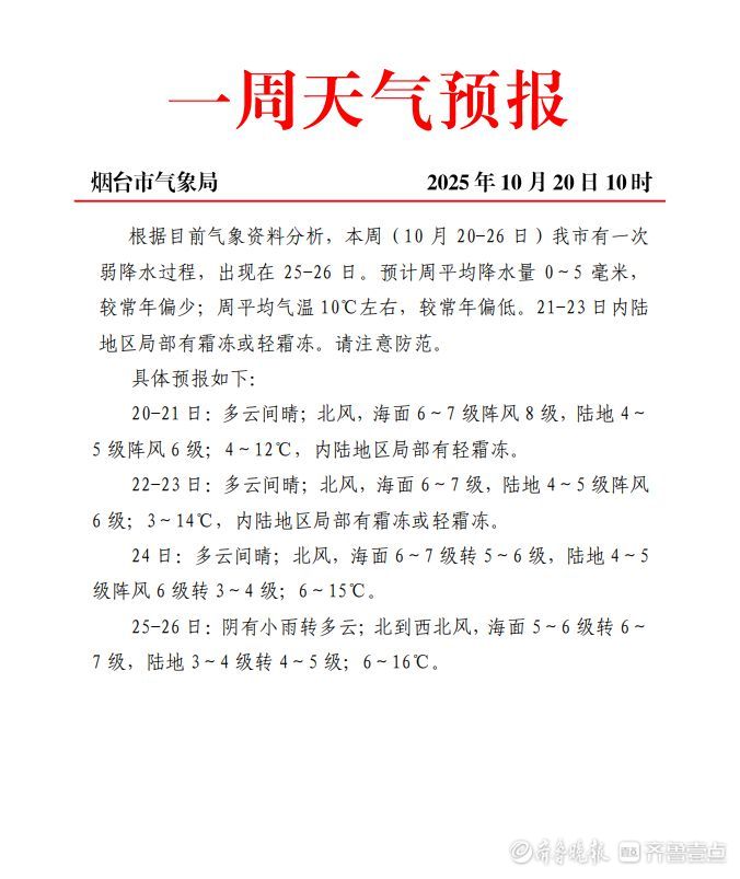 最低温3℃，局部有霜冻或轻霜冻！烟台发布最新一周天气预报