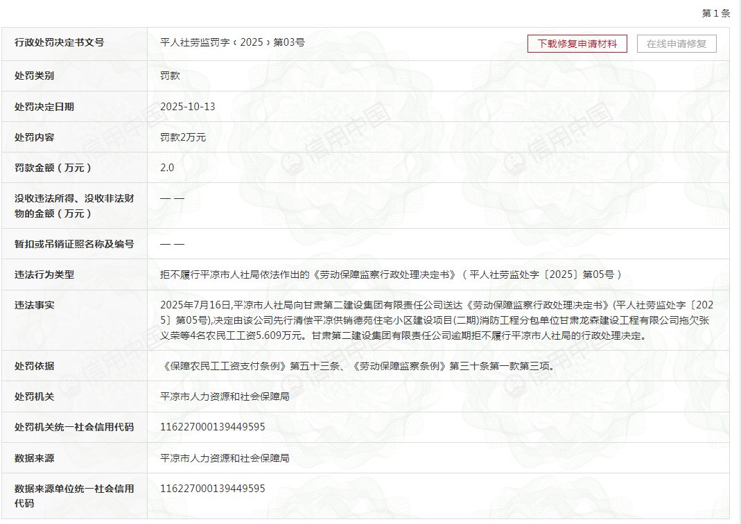 甘肃第二建设集团有限责任公司多次因拖欠农民工工资被罚