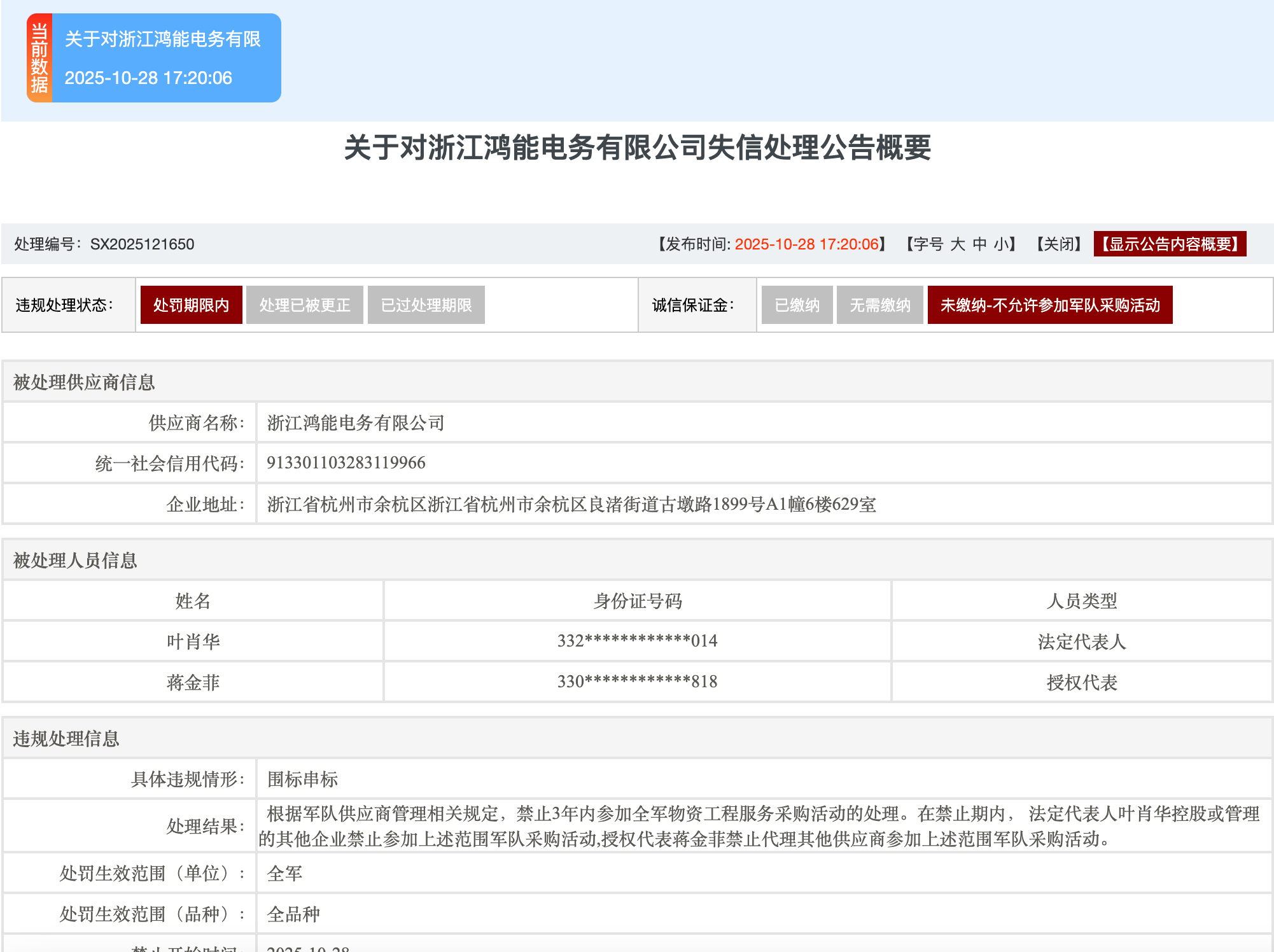 因围标串标，浙江鸿能电务有限公司被禁止3年内参加军采