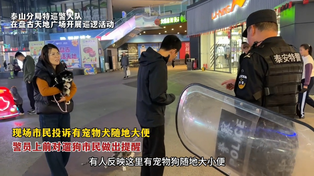 果然视频丨市民反映广场宠物狗随地大小便，泰山分局特巡警大队及时处理