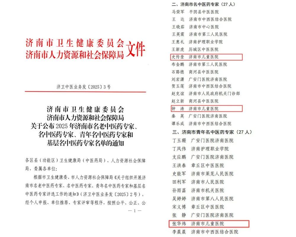 济南市儿童医院史传奎、钟涛、张华炜入选济南市名中医药专家