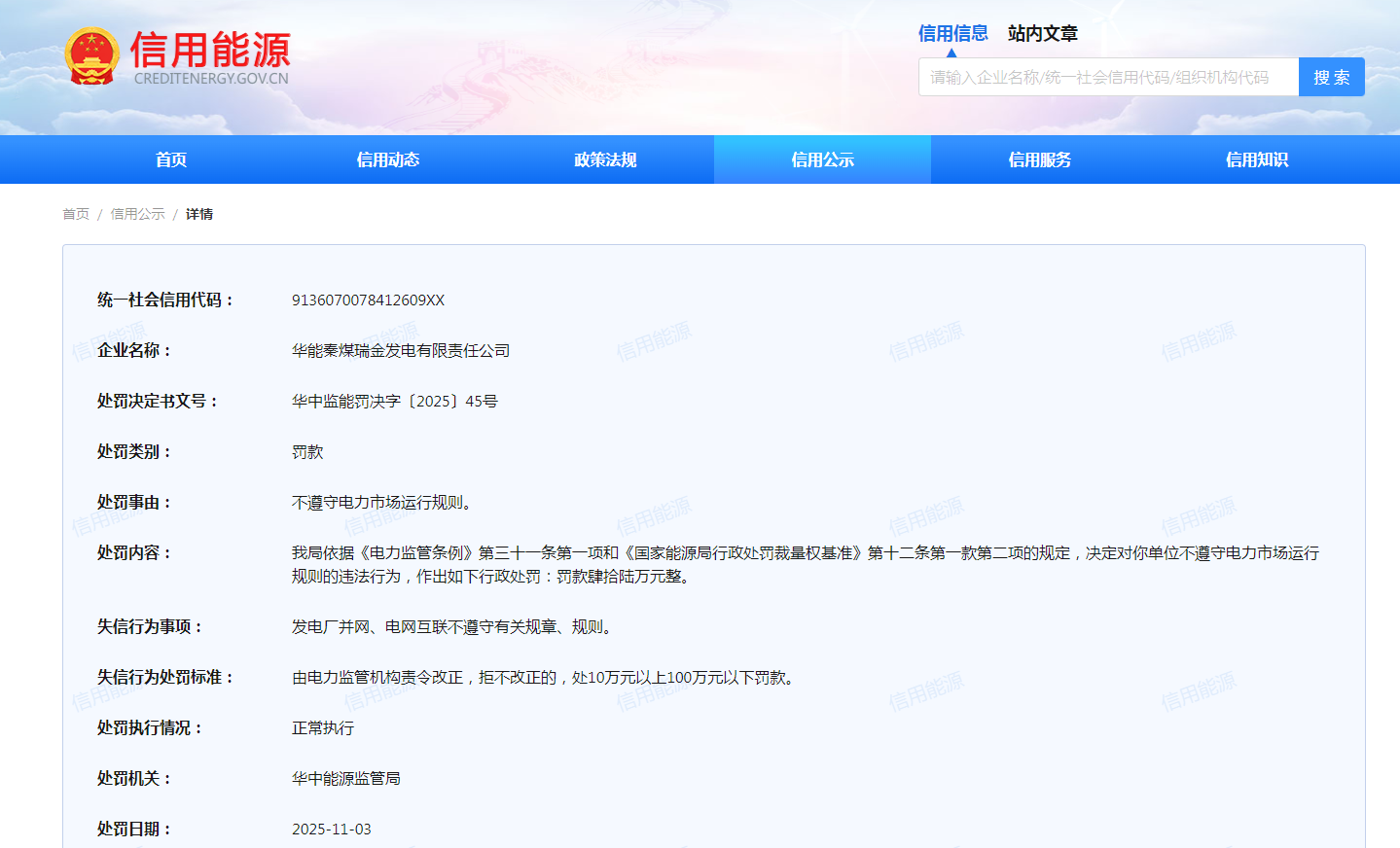 华能秦煤瑞金发电有限责任公司违规被罚