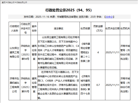 济南两家企业因建筑垃圾管理违规双双被罚