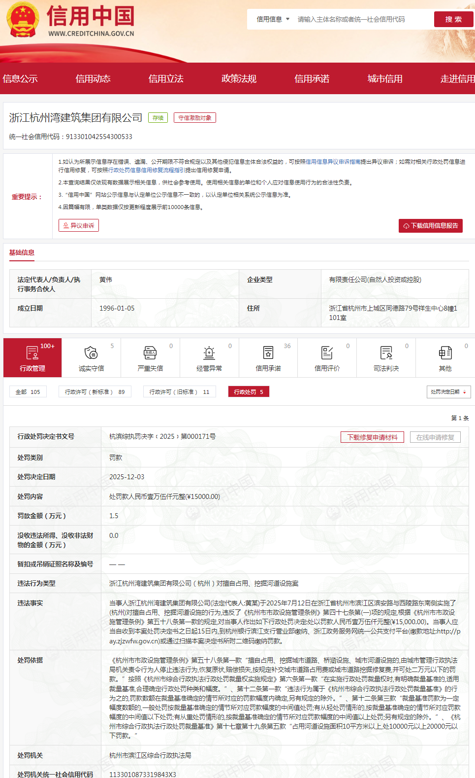 因擅自占用、挖掘河道设施等，杭州湾建筑集团在这处连收3张罚单