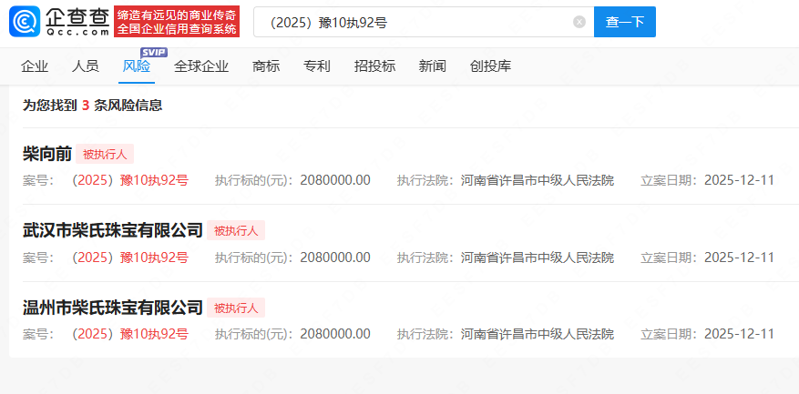 柴怼怼及珠宝公司被执行208万，此前因涉嫌生产、销售伪劣产品已被逮捕