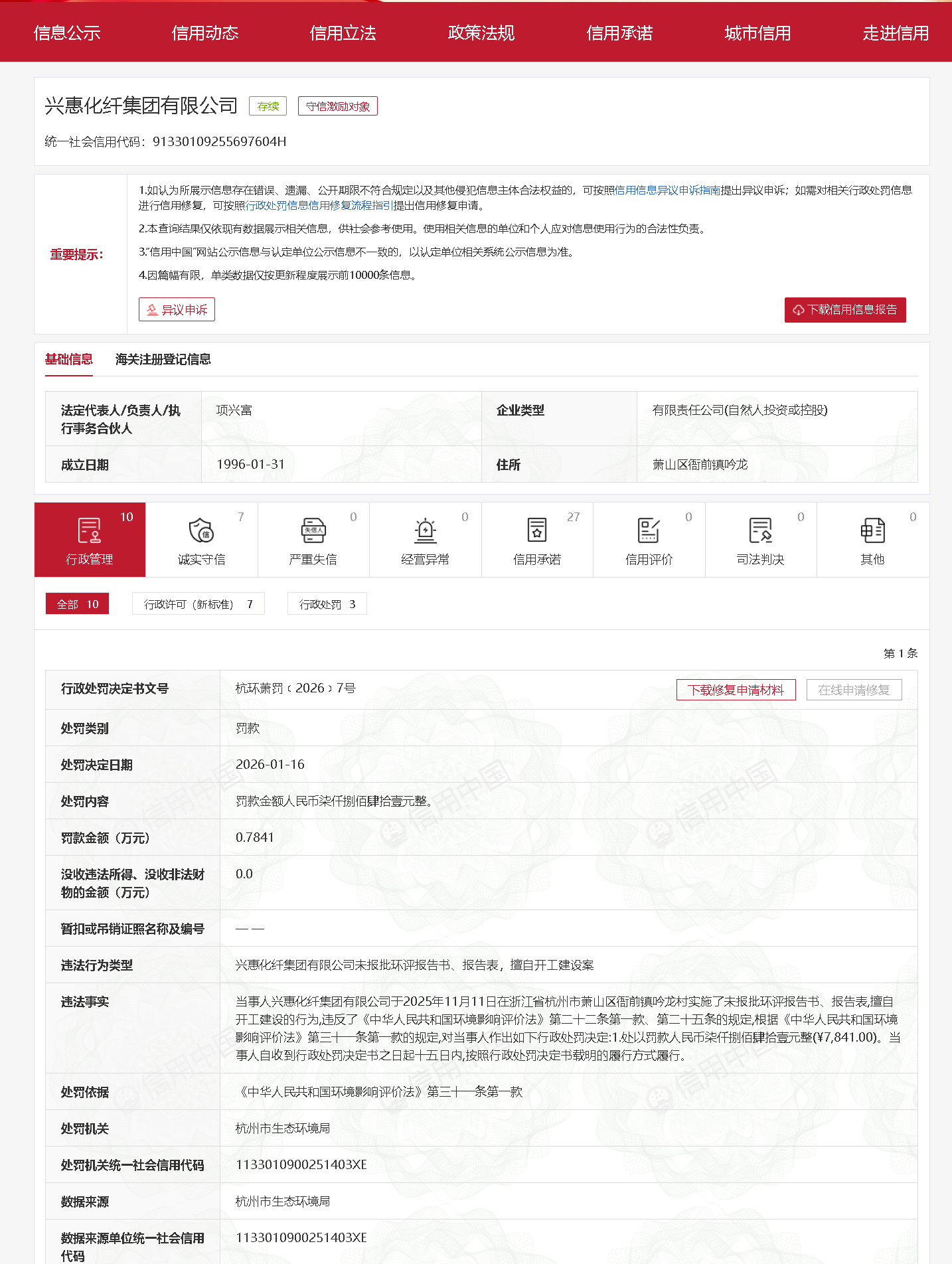 涉两项违规内容，兴惠化纤集团被行政处罚