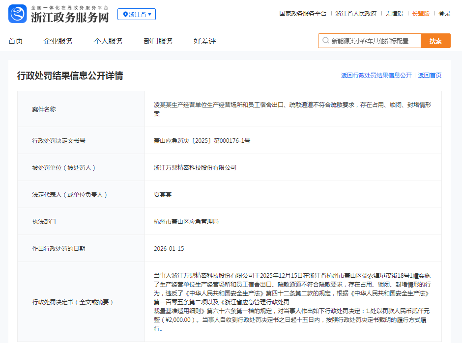 涉及安全生产问题，浙江万鼎精密收罚单