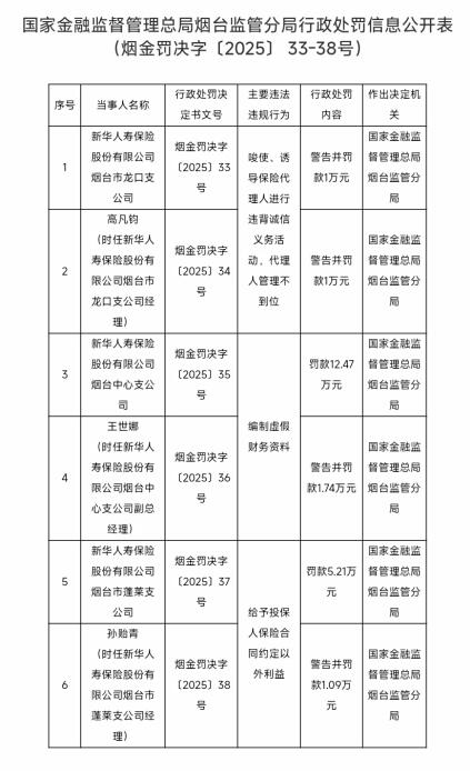 因编制虚假财务资料等行为，新华人寿烟台三家支公司被处罚