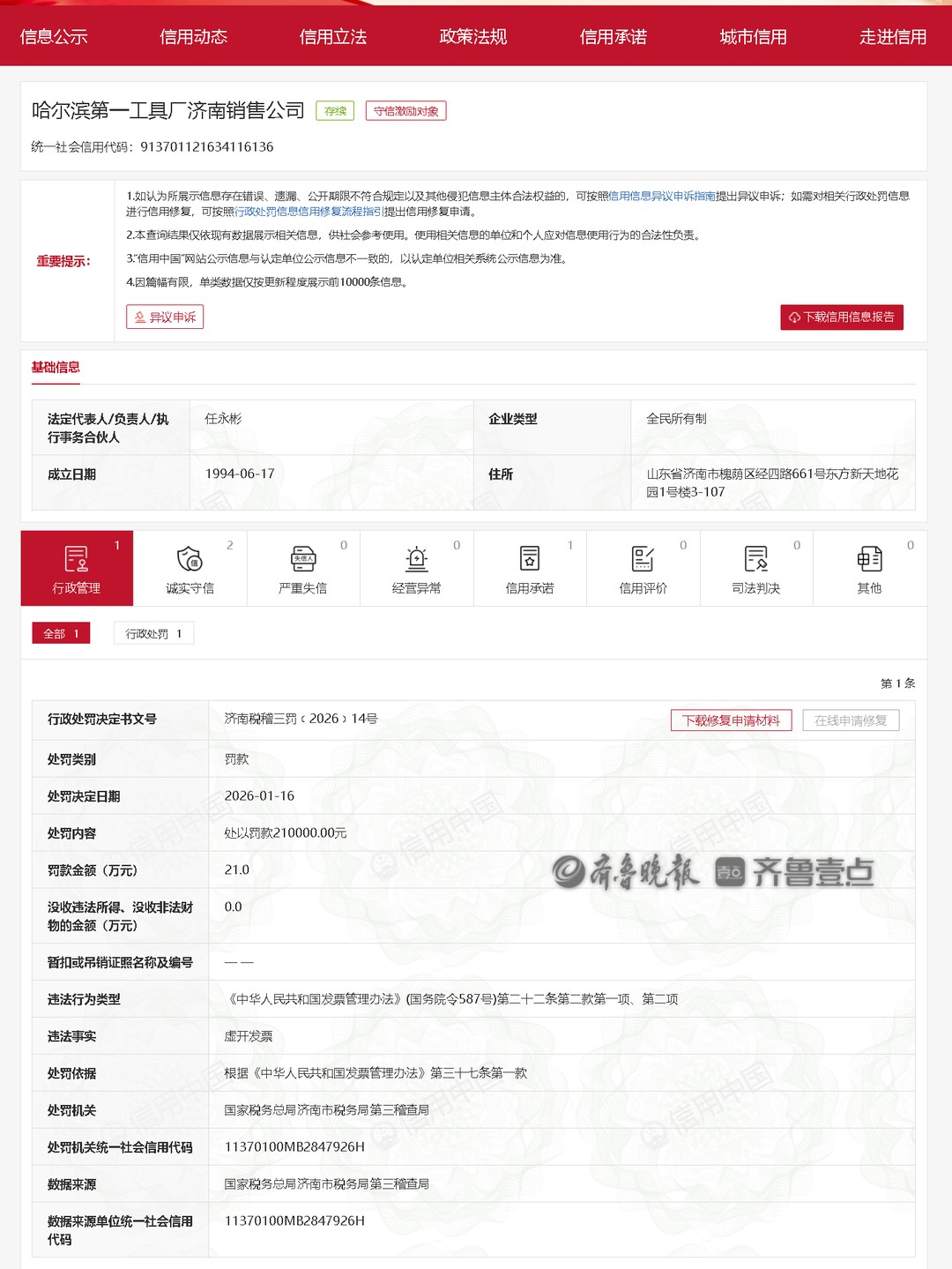 哈尔滨第一工具厂济南销售公司因虚开发票被罚21万元