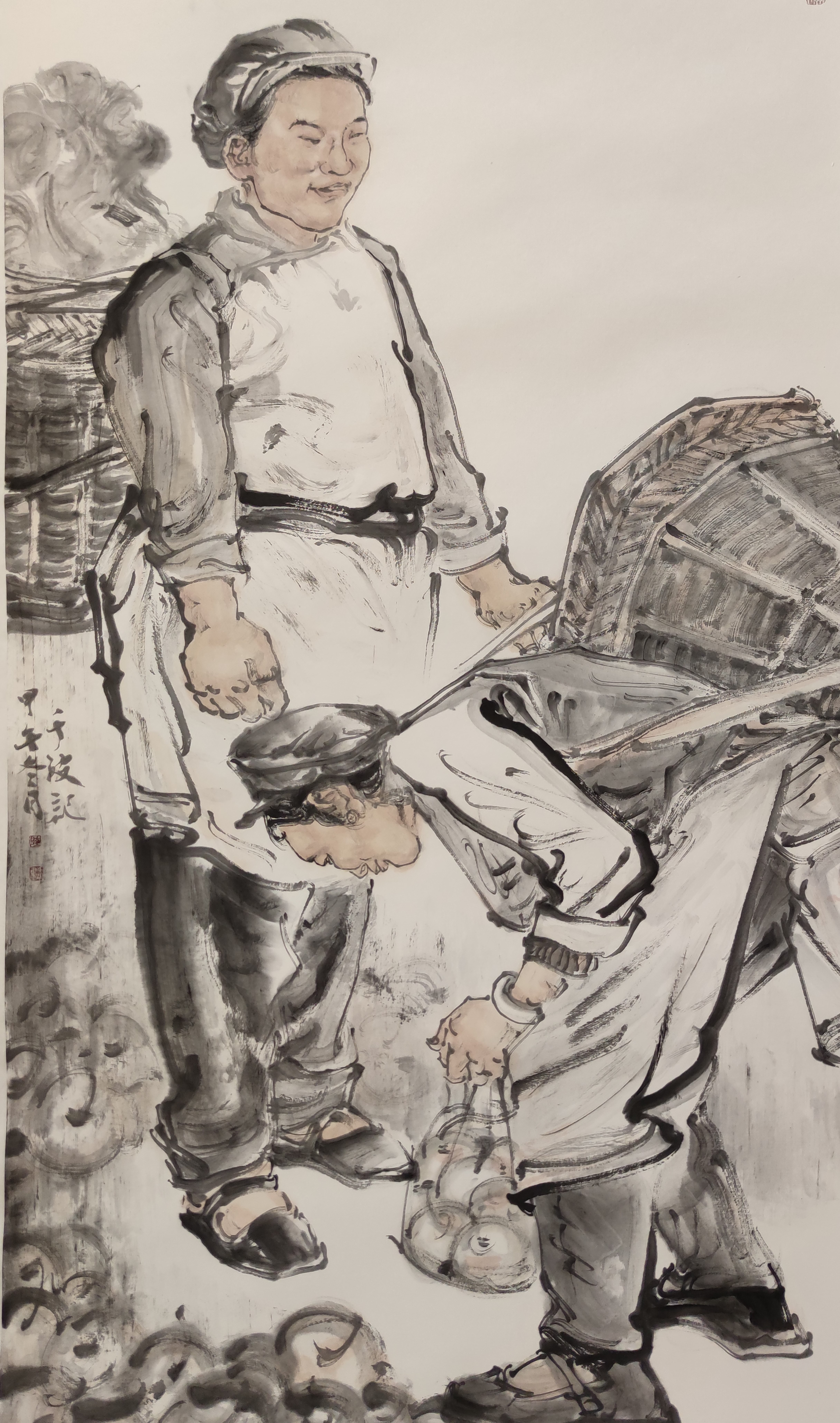 陆千波丰收画卷展农妇喜悦笑容