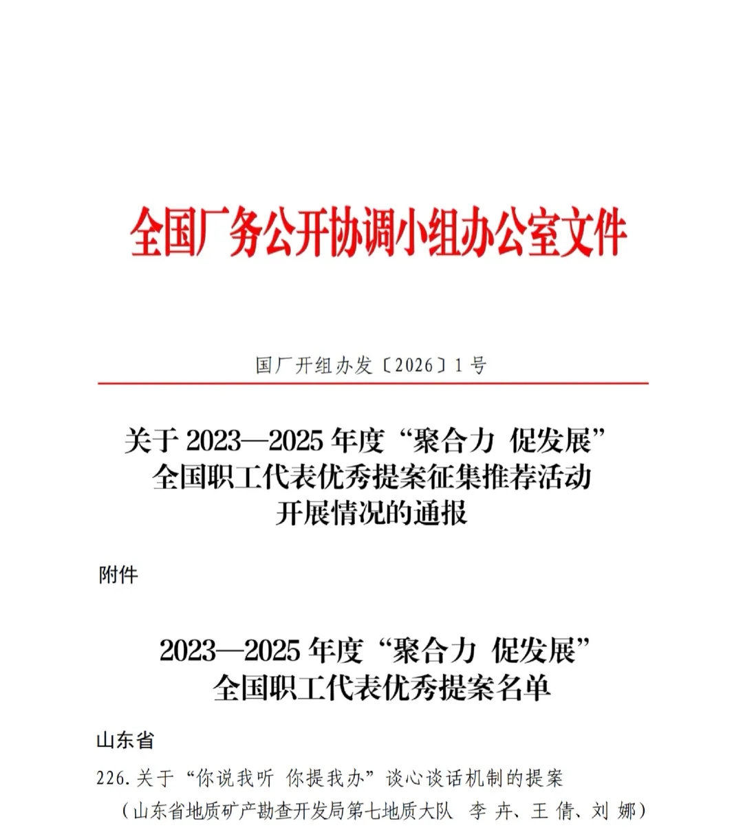 山东省地矿局七队职工代表提案荣获全国优秀提案