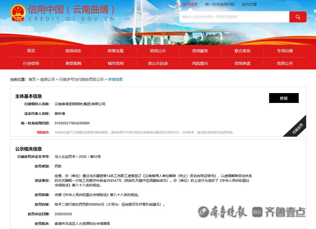 骗取工伤医疗补助！云南曲靖呈钢钢铁(集团)有限公司被罚