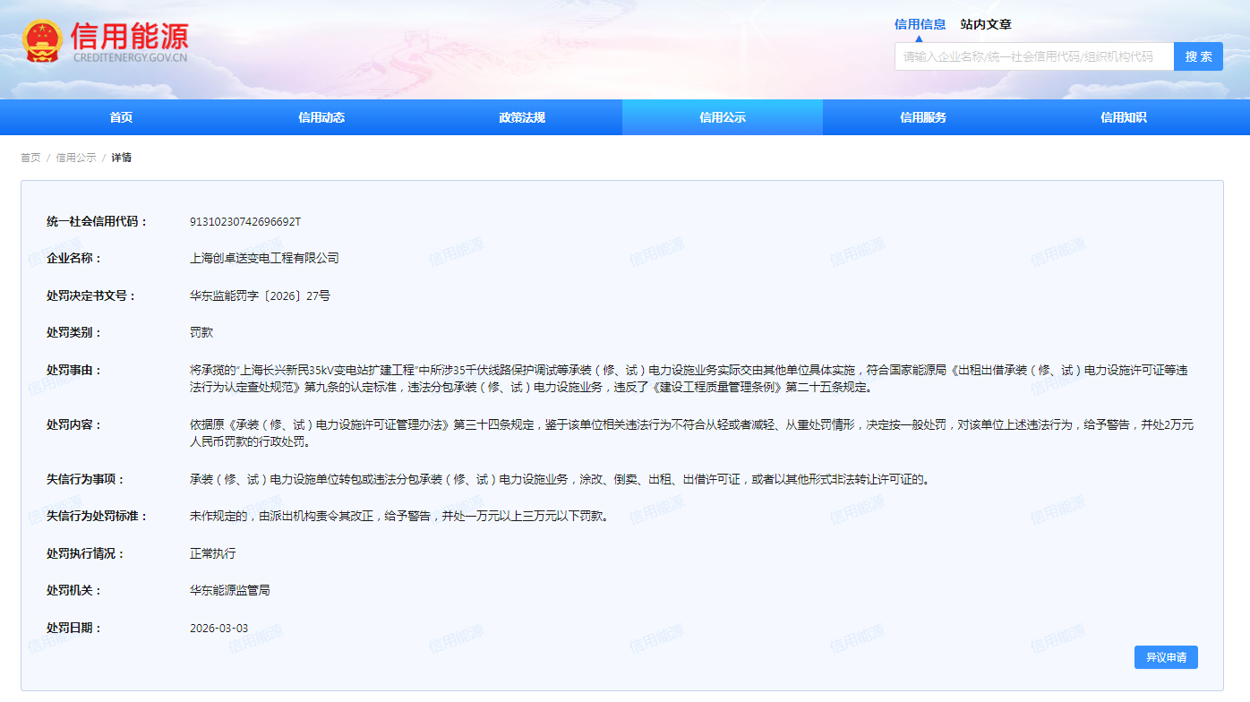 上海创卓送变电工程有限公司因违法分包电力设施业务被罚