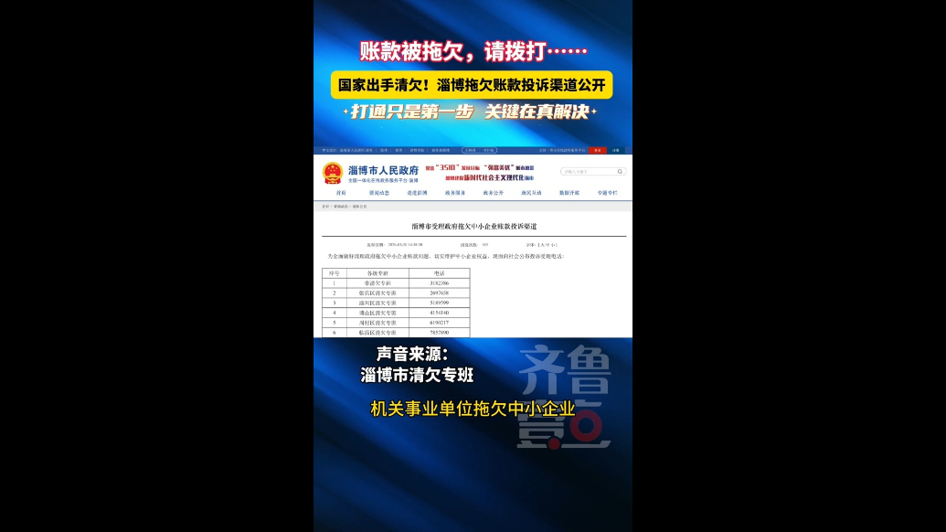 清理政府拖欠中小企业账款，淄博各区县投诉受理电话公布