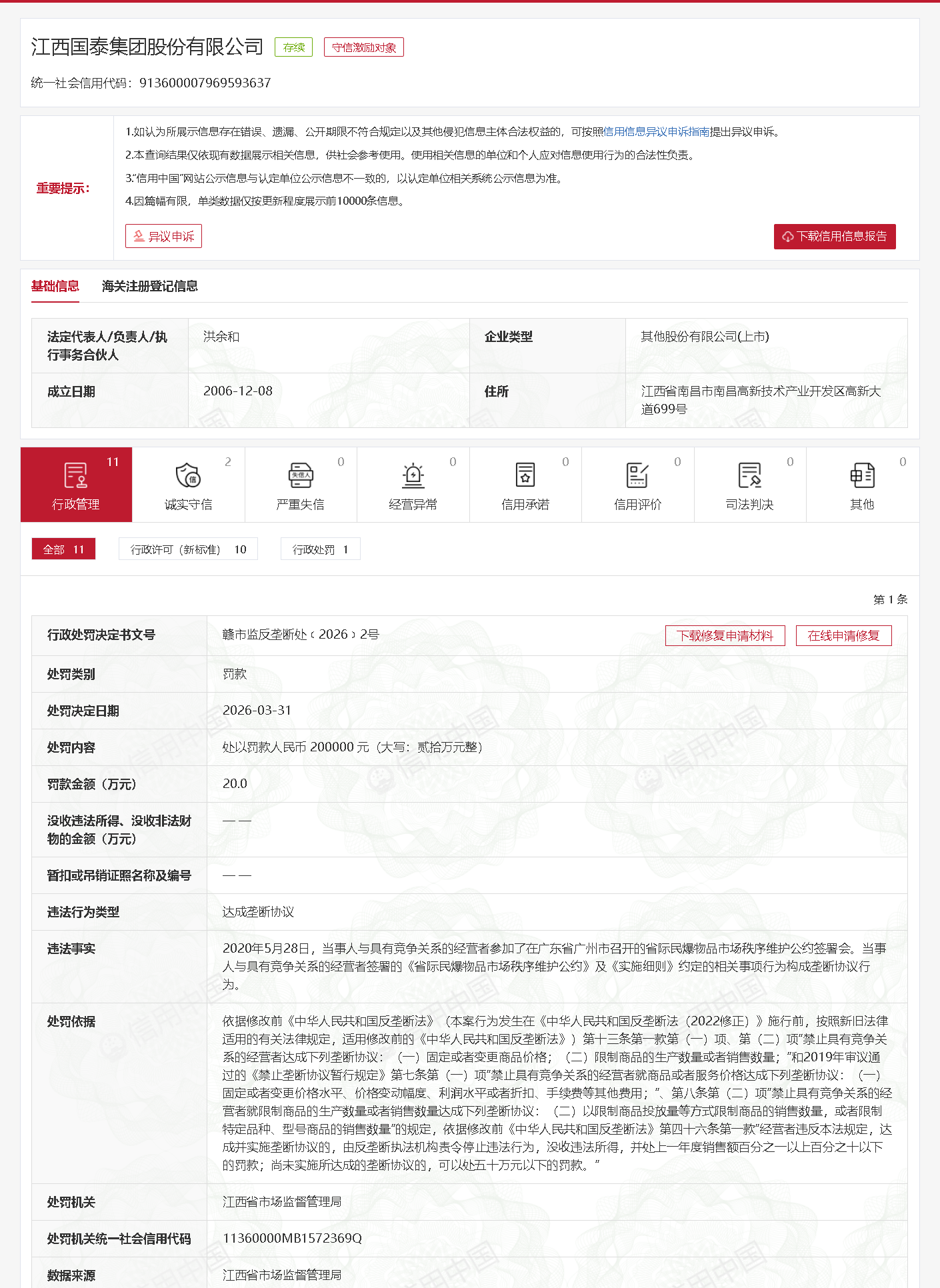 国泰集团因垄断协议行为被罚20万元