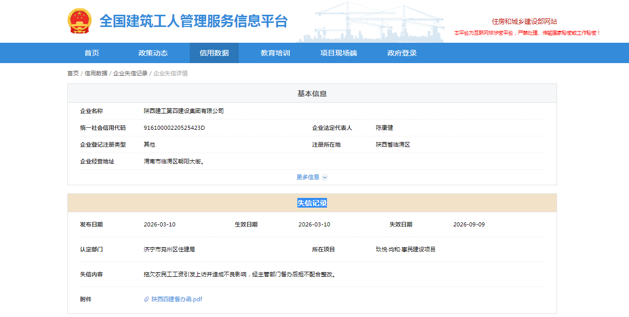 拖欠农民工工资、拒不配合整改，陕西建工四建新增失信记录