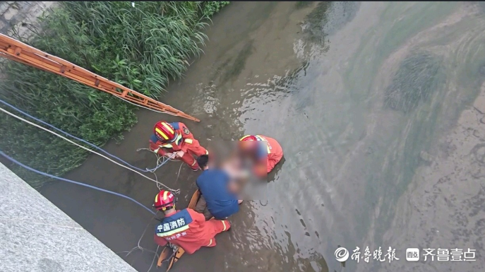 果然视频|一男子失足落水，众人合力搭梯施救