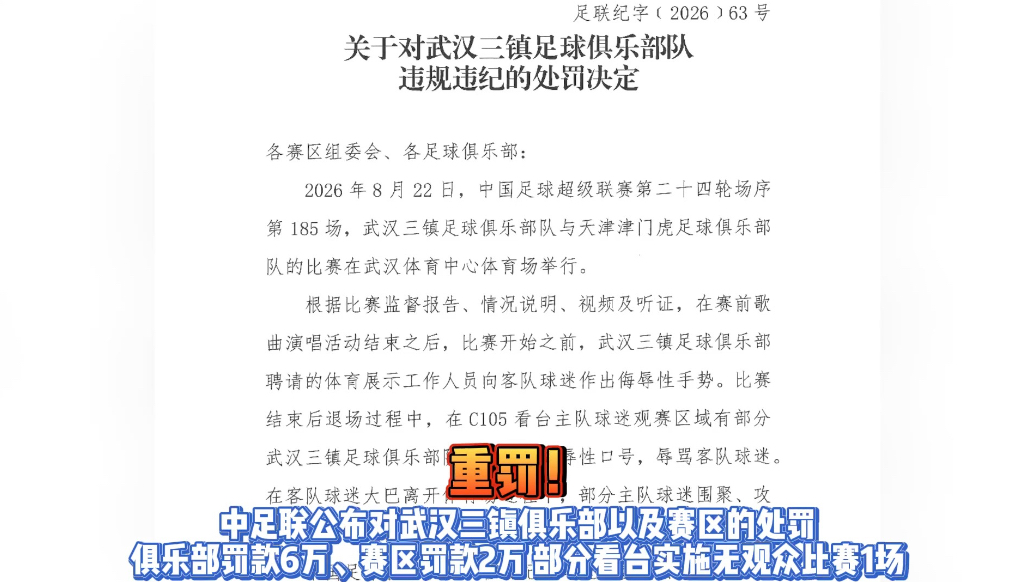 果然视频|武汉三镇俱乐部、赛区遭中足联重罚，部分看台空场1场