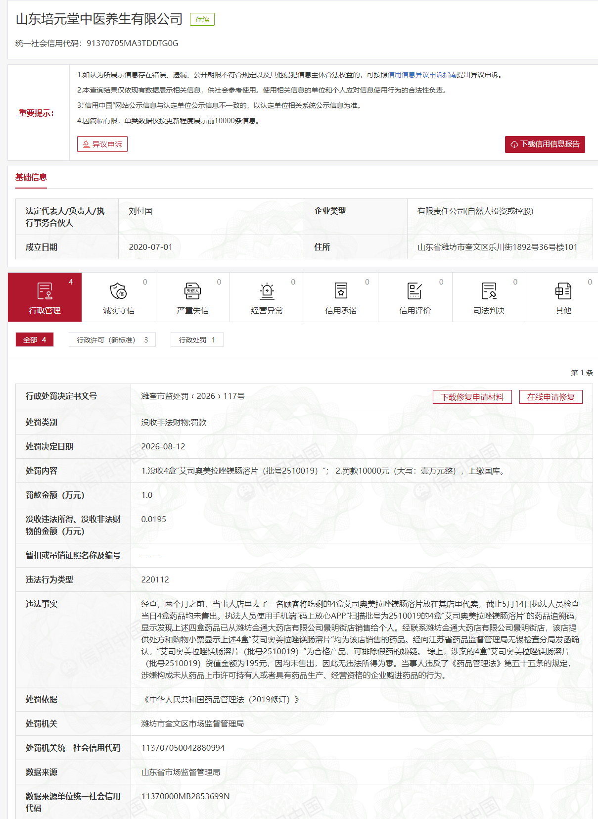 山东培元堂中医养生涉嫌从不具备药品经营资质企业购进药品被处罚