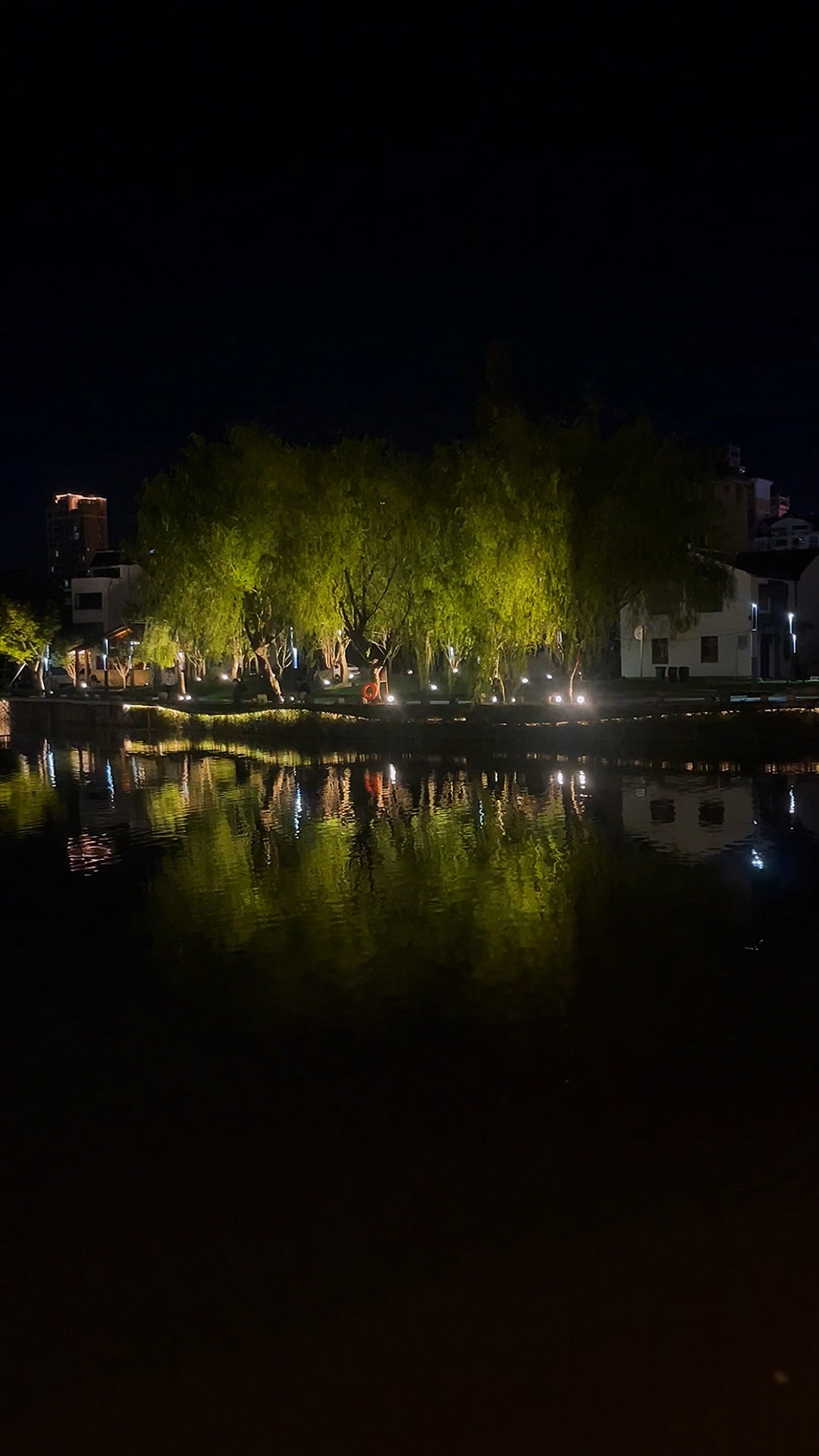 晚风拂岸柳，灯火照河塘