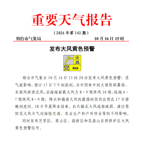 大风黄色预警！烟台降水和偏南大风最强时段在17日傍晚到夜间