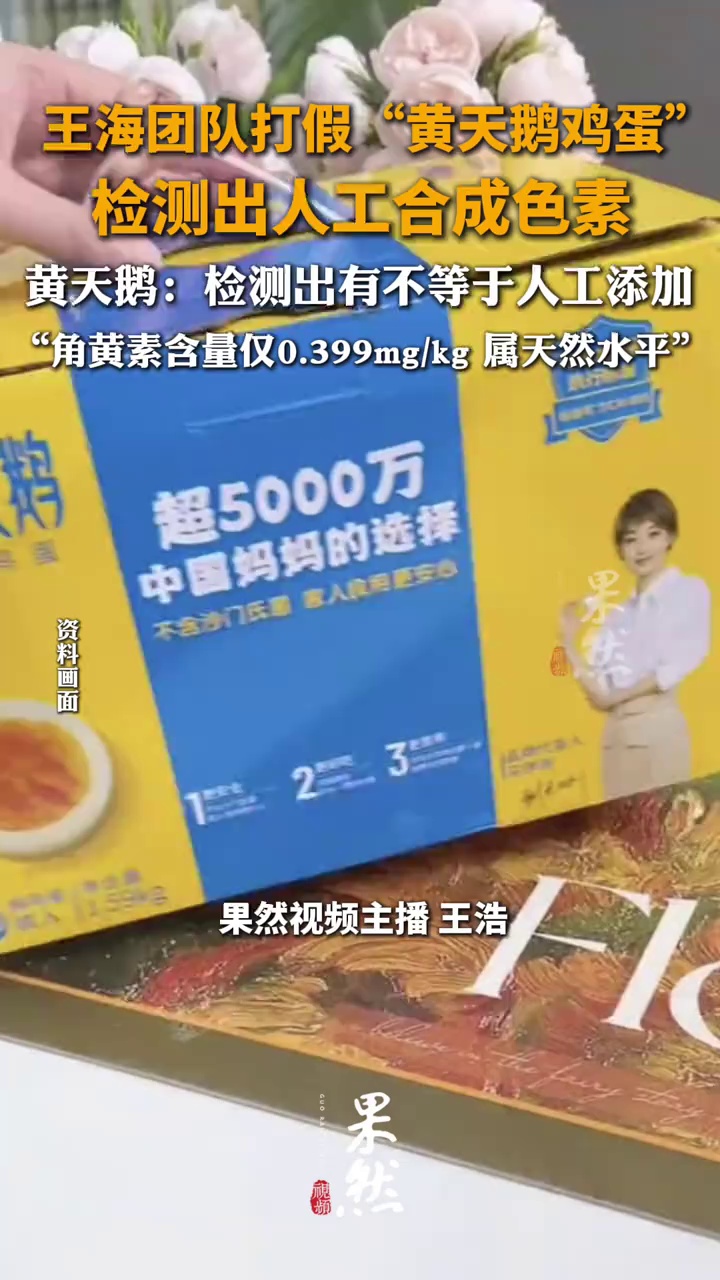 王海团队打假黄天鹅鸡蛋，检测出人工合成色素，黄天鹅称检测出有绝不等于人工添加，其鸡蛋角黄素含量仅0.399mg/kg，属于天然水平
