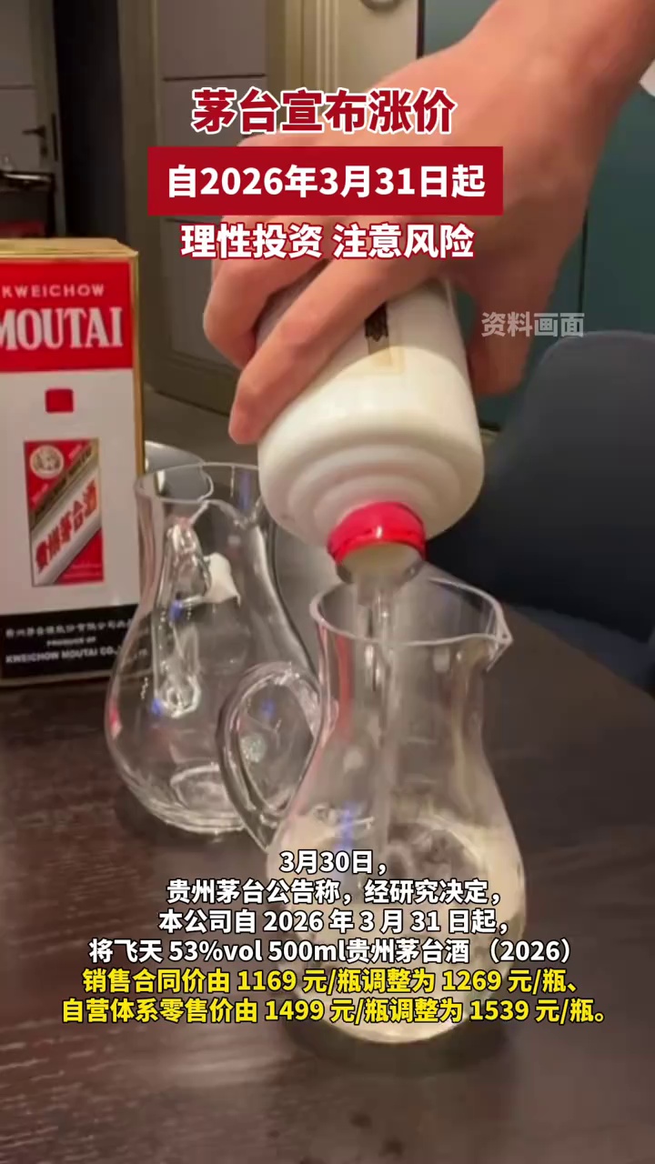 贵州茅台宣布涨价：自3月31日起，飞天茅台酒自营体系零售价由1499元/瓶上调为1539元/瓶