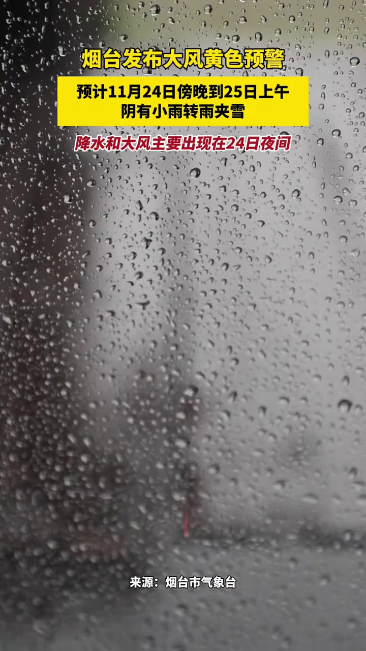 烟台发布大风黄色预警，预计11月24日傍晚到25日上午，阴有小雨转雨夹雪，降水和大风主要出现在24日夜间