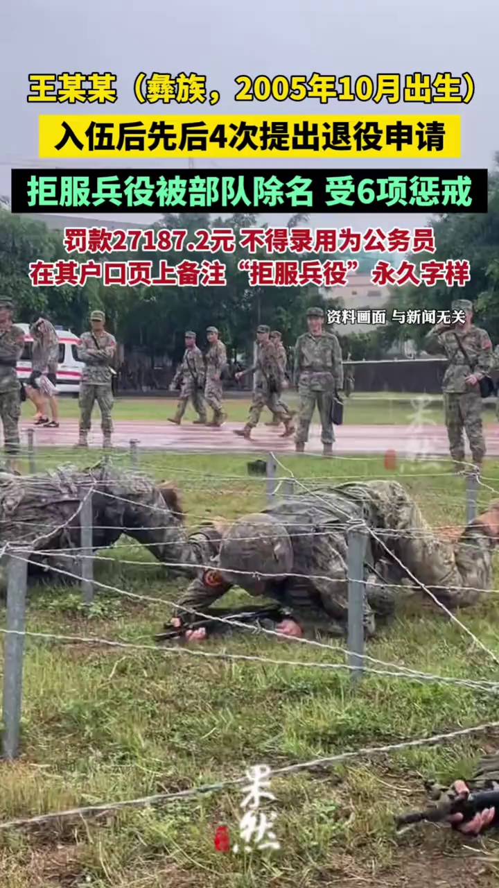 王某某（彝族，2005年10月出生），服役于北部战区陆军某部，入伍后先后4次提出退役申请，拒服兵役被部队除名