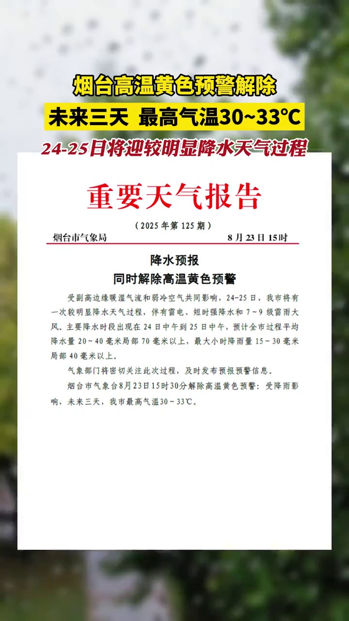 烟台高温黄色预警解除，未来三天最高气温30~33℃，24-25日将迎较明显降水天气过程。#烟台 #高温解除